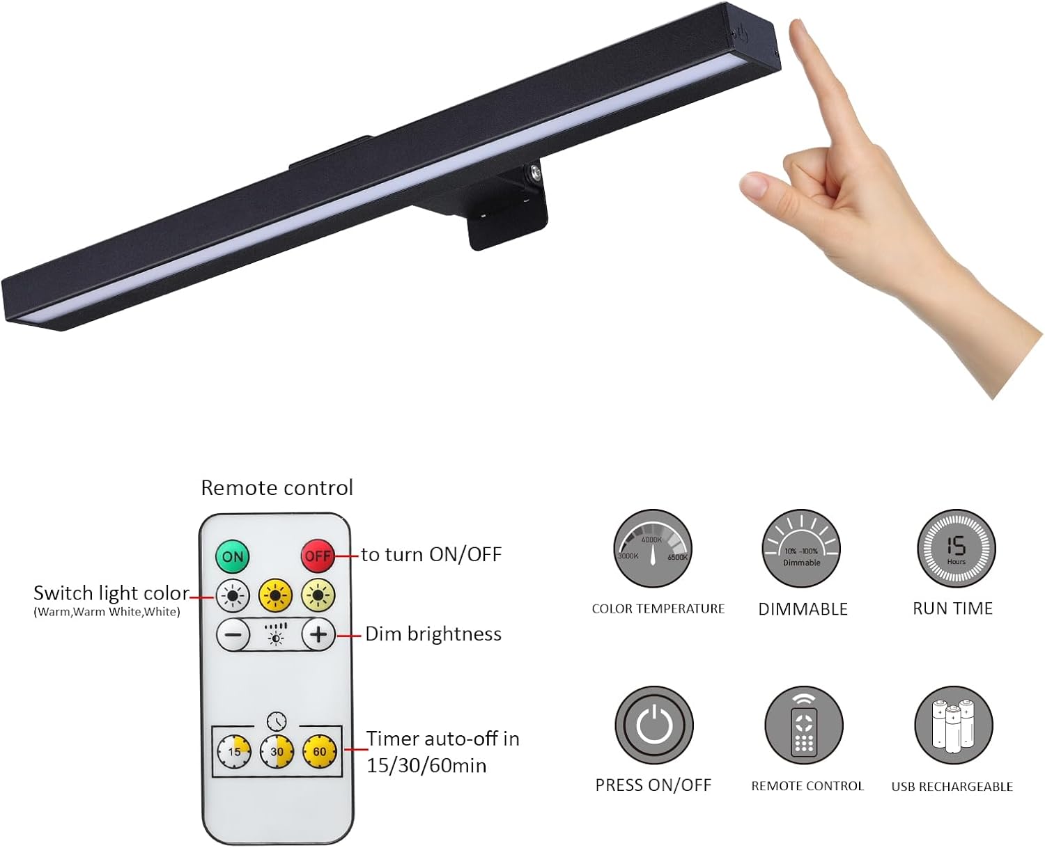 MIOBLUE LED Picture Lights with Remote, 16in Metal Battery Operated Picture Light,Rechargeable Display Lamp,Dimmable