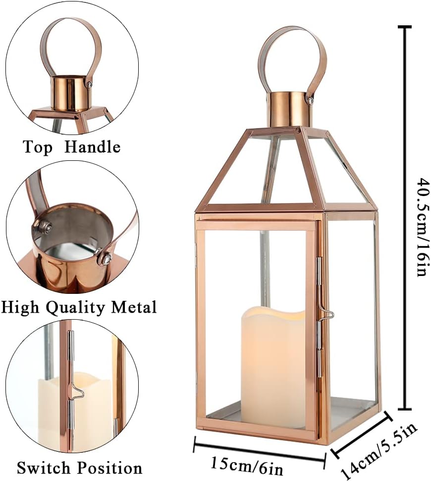 JHY Design Rose Gold Decorative Lanterns 16 inch High Stainless Steel Candle Lanterns with Tempered Glass for Indoor