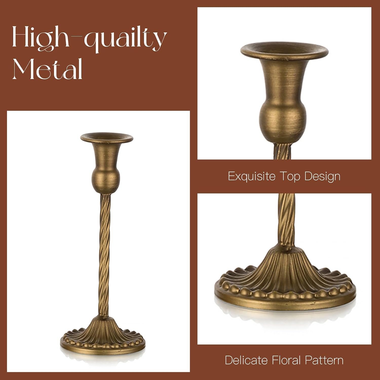 Brass Finish Candle Holders Set of 10 for Table Centerpiece | Vintage Tall Taper Candlestick Holder, Metal Candle