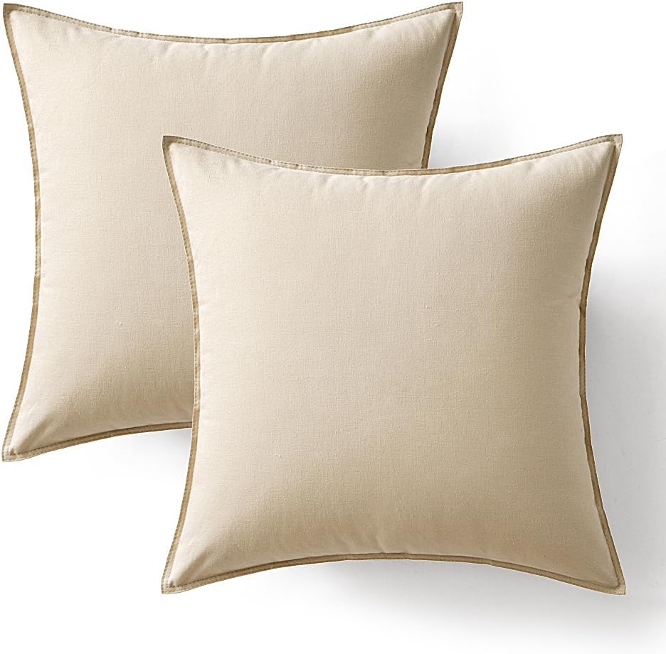 Decorative Linen Pillow Covers Boho Farmhouse Modern Soft Accent Throw / 18 x 18 / Beige / Set of 2