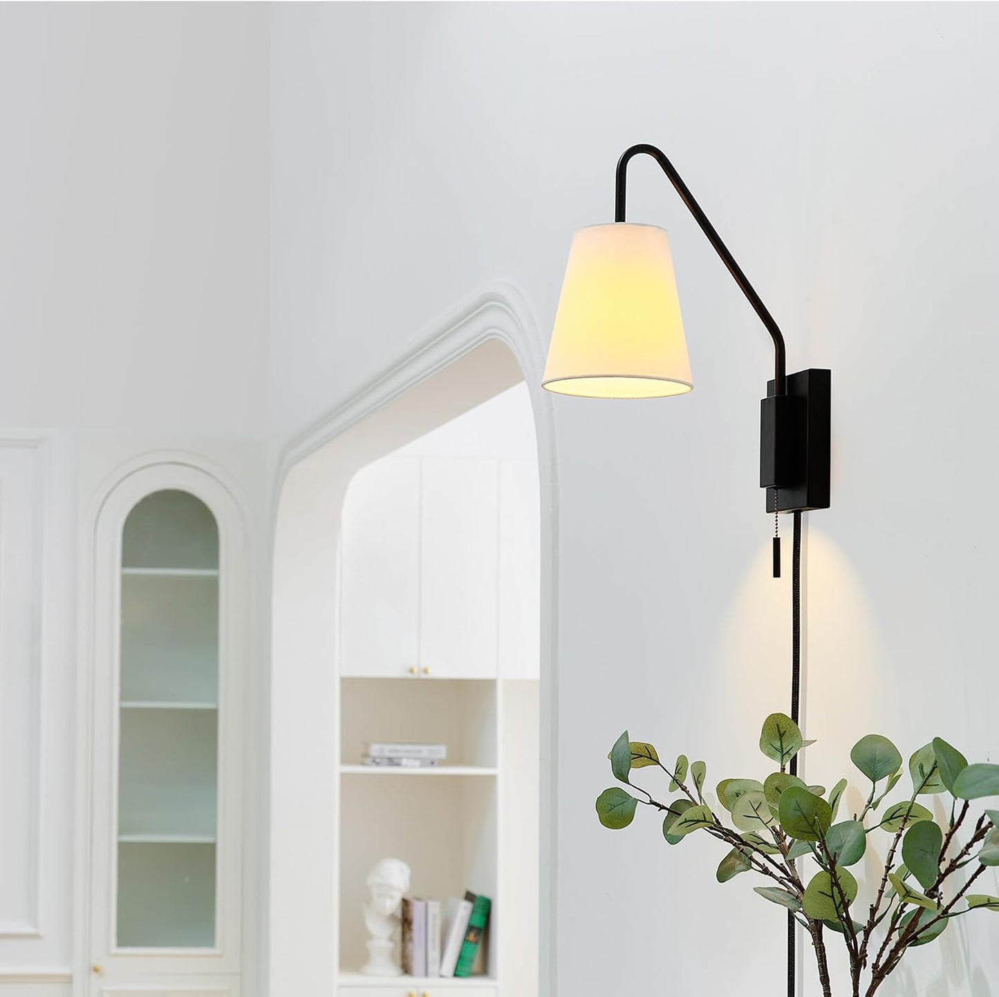 Globe Electric 1-Light Matte Black Swing Arm Plug-in or Hardwire Wall Sconce with White Fabric Shade