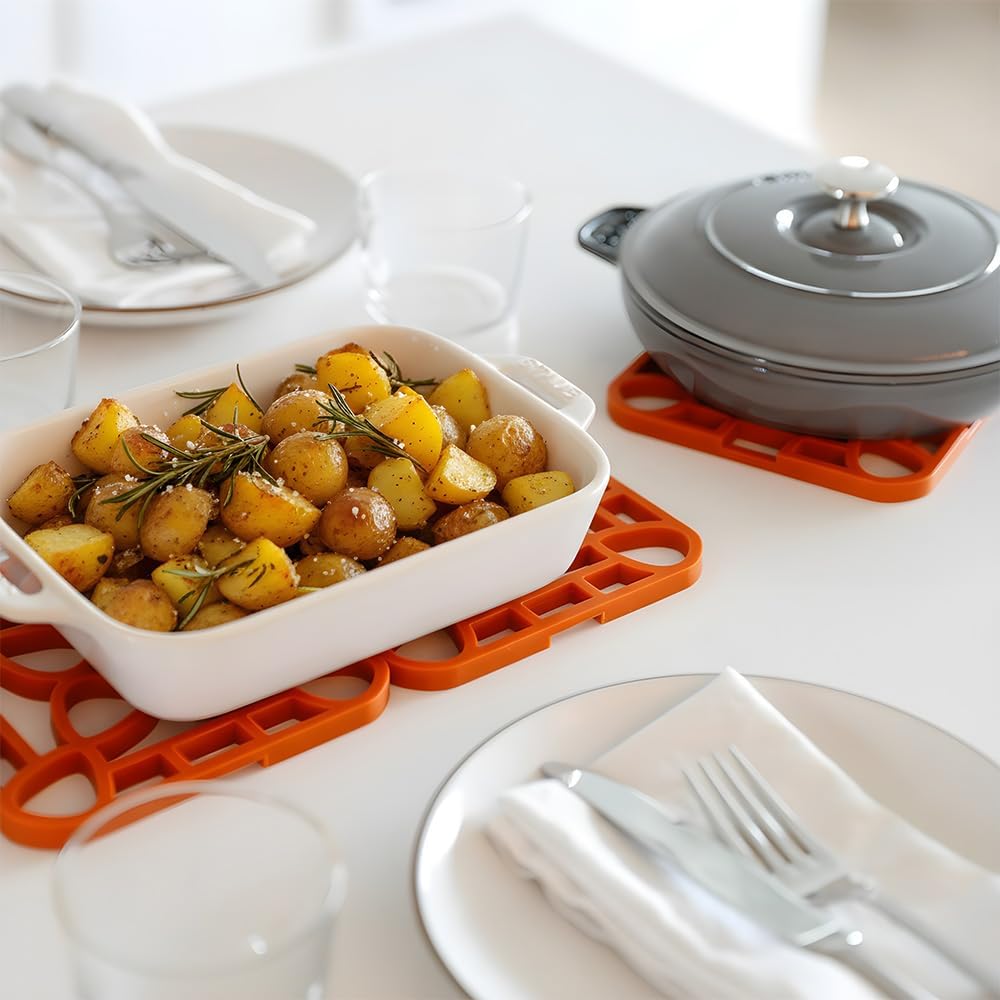4-Pack Trivets for Hot Dishes - Orange Interlocking Hot Pads for Kitchen, Coffee Bar Essentials, Silicone Mats for
