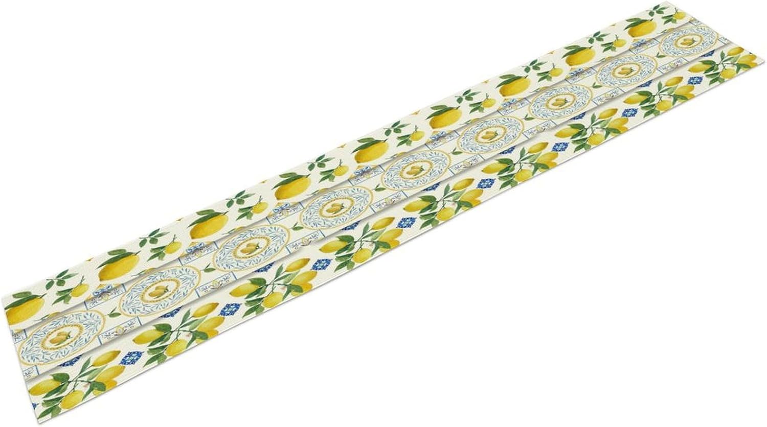 Lemon Table Runner,Summer Blue Tiles Lemons Pattern Printed Linen Table Runner for Home Kitchen Dining Table