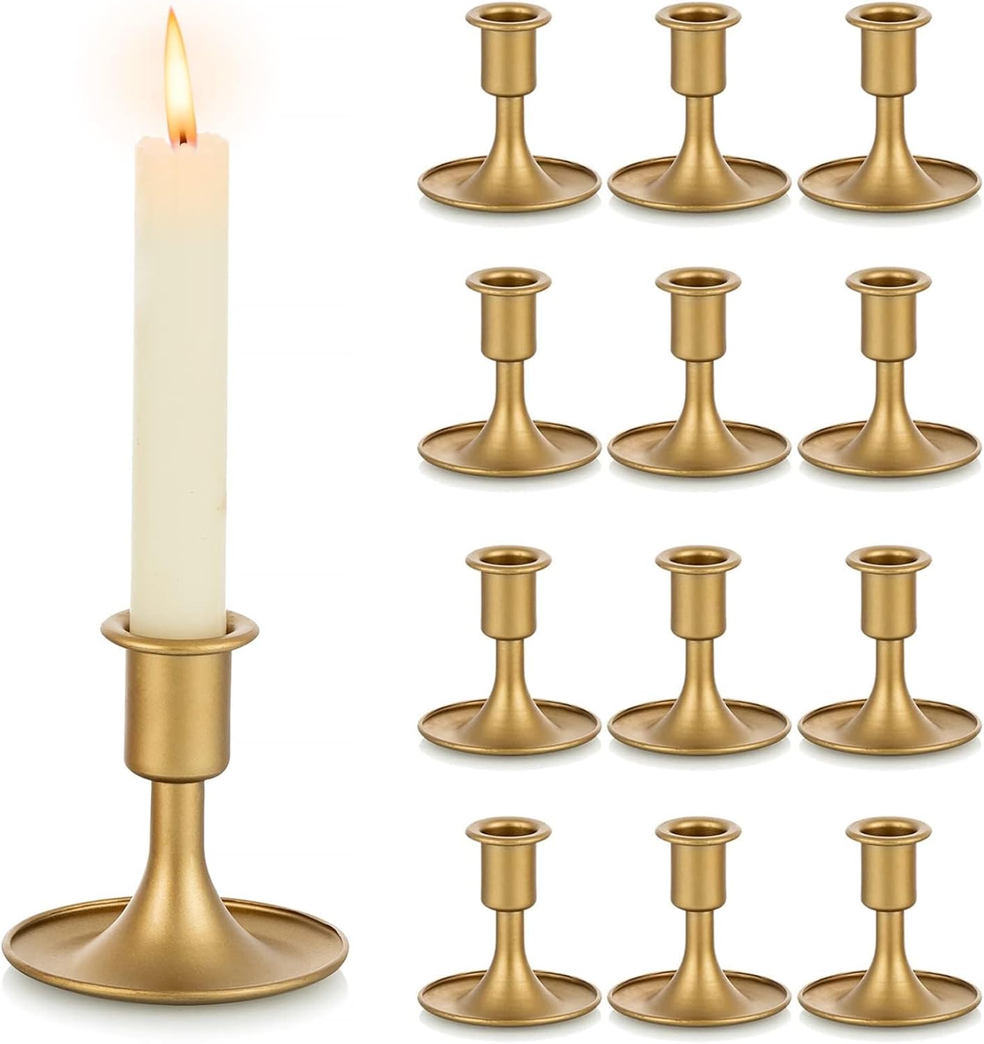 Gold Taper Candle Holder Set of 12, Hewory Short Skinny Brass Candlestick Holders, Vintage Small Low Metal Candles