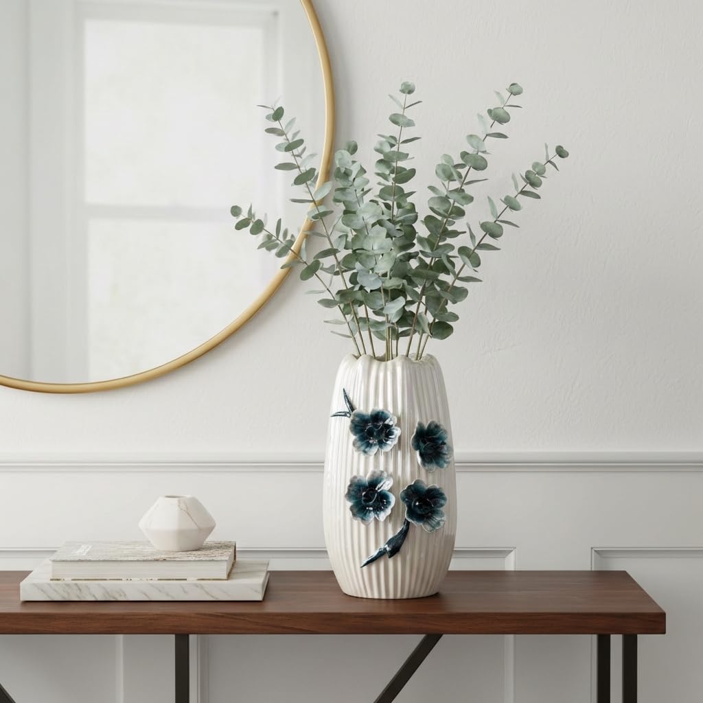 Boho Ceramic Vase / White and Dark Blue / 9 Inch