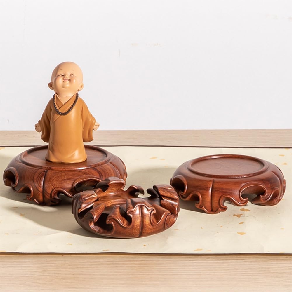 Chinese Carved Round Wooden Pedestal Asian Vase Sturdy Wood / Rosewood / 4.7" L x 4.7" W x 1.3" H