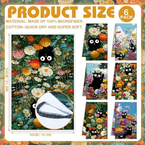 Redbaker 6 Pcs Black Cat Kitchen Towels Retro Wildflower Floral Dishcloth
