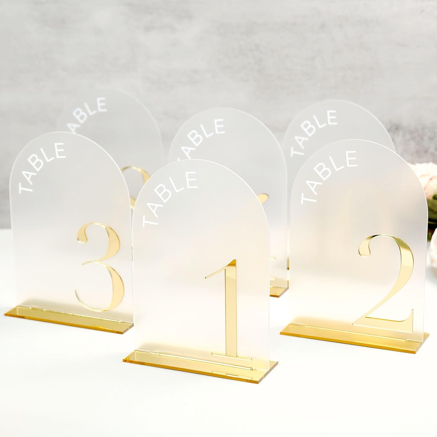 Frosted Arch Wedding Table Numbers 1-15, Gold Numbers and Stands | 15 Pack 5x7 Inch Frosted Arch Acrylic Sign with