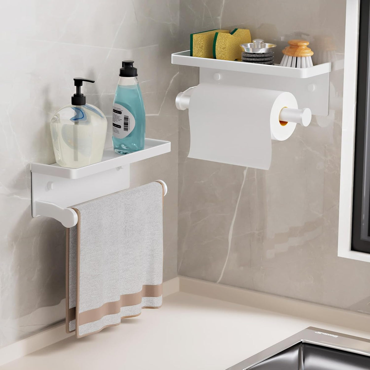 White Paper Towel Holder with Shelf, Wall Mount Paper Towel Holder for Bathroom Kitchen, Hand Towel Rack Holder,Paper