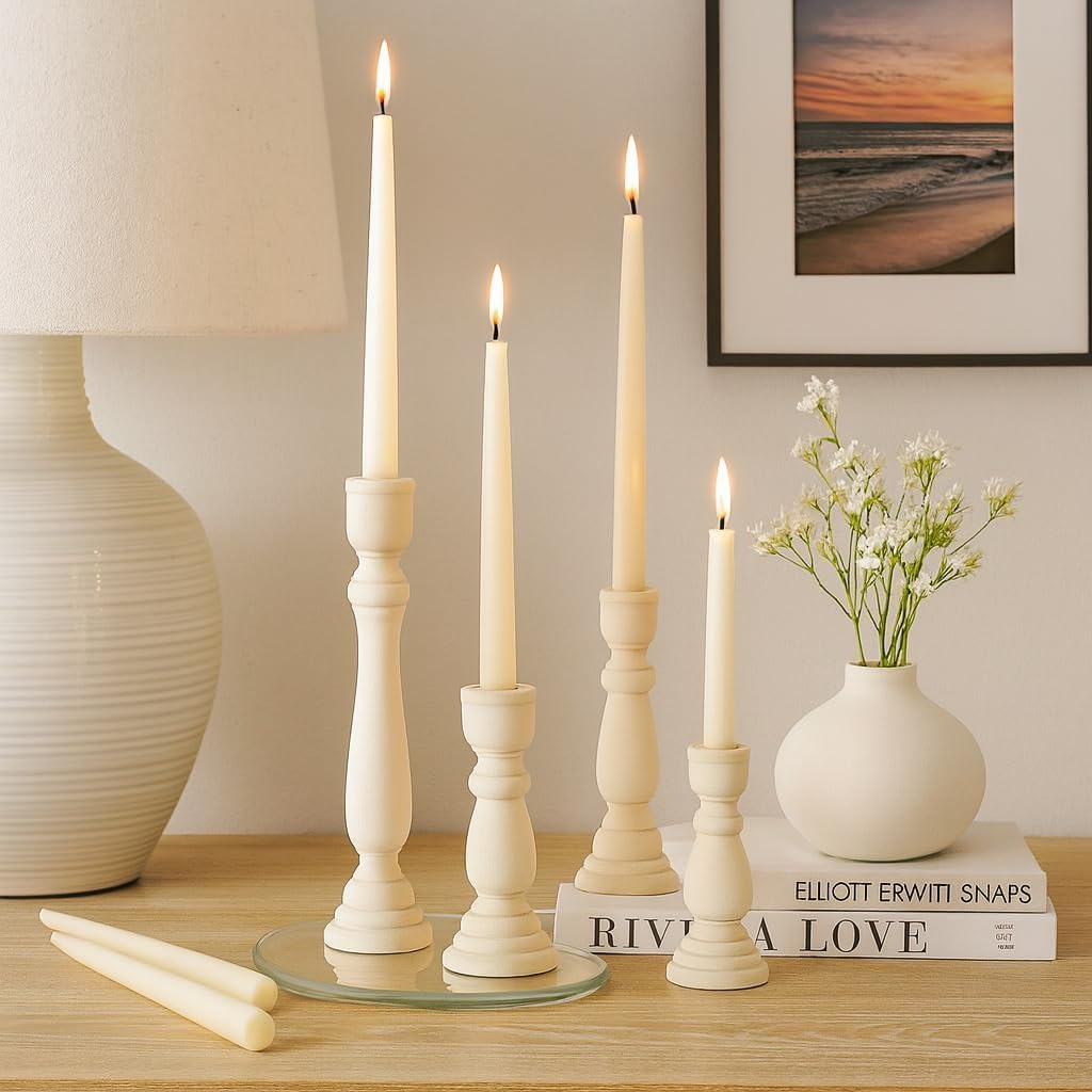 Koyal Wholesale White Candlestick Holders & White Taper Candle Holder Set of 12, Unfinished Wood & Boho Candle Holders