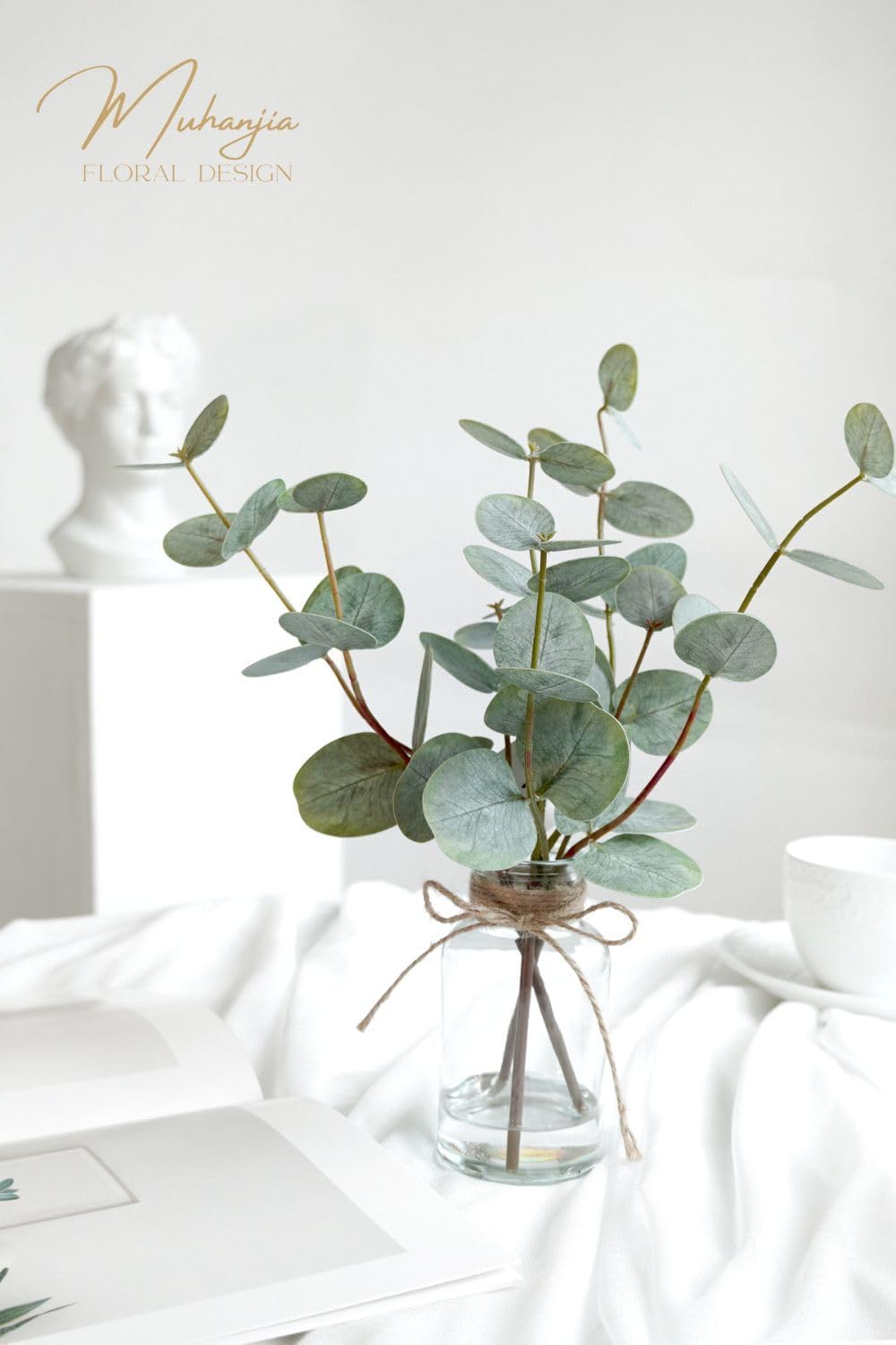 Artificial Eucalyptus Stems in Glass Vase / Double-sided Green Eucalyptus / Set of 3