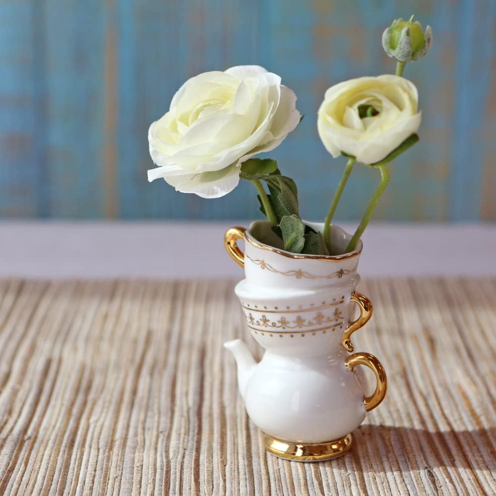 Vintage Tea Party Antique Look Mini Ceramic Bud Vases / Tea Cup / 3.7 Inch / Set of 2
