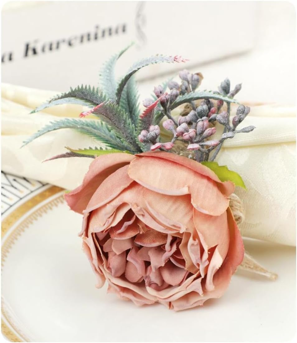 Floral Napkin Rings Set of 6,Rustic Rose Napkin Rings Flower Dinner Napkin Holder for Table Decoration (26#Pink)