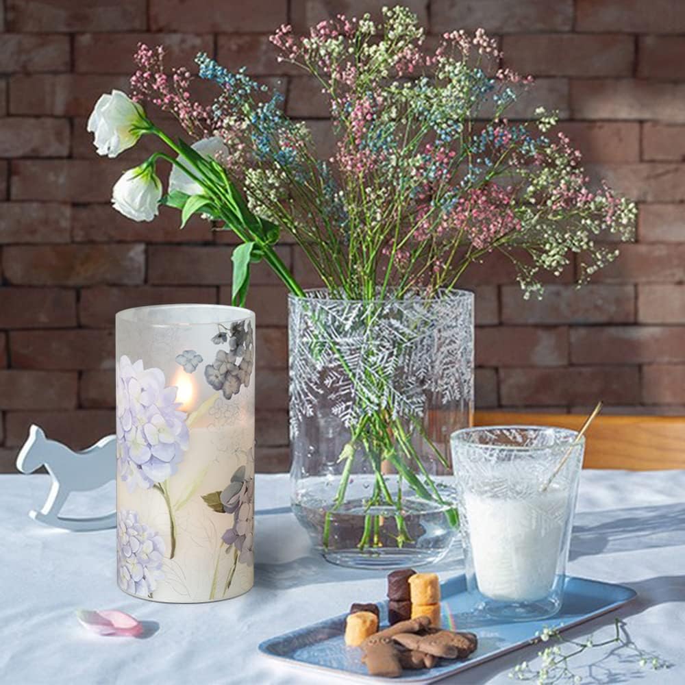 Rechargeable Hydrangea Glass Flameless Candles with Remote Timer | Battery Operated LED Pillar Candle, Real Wax 3D Wick