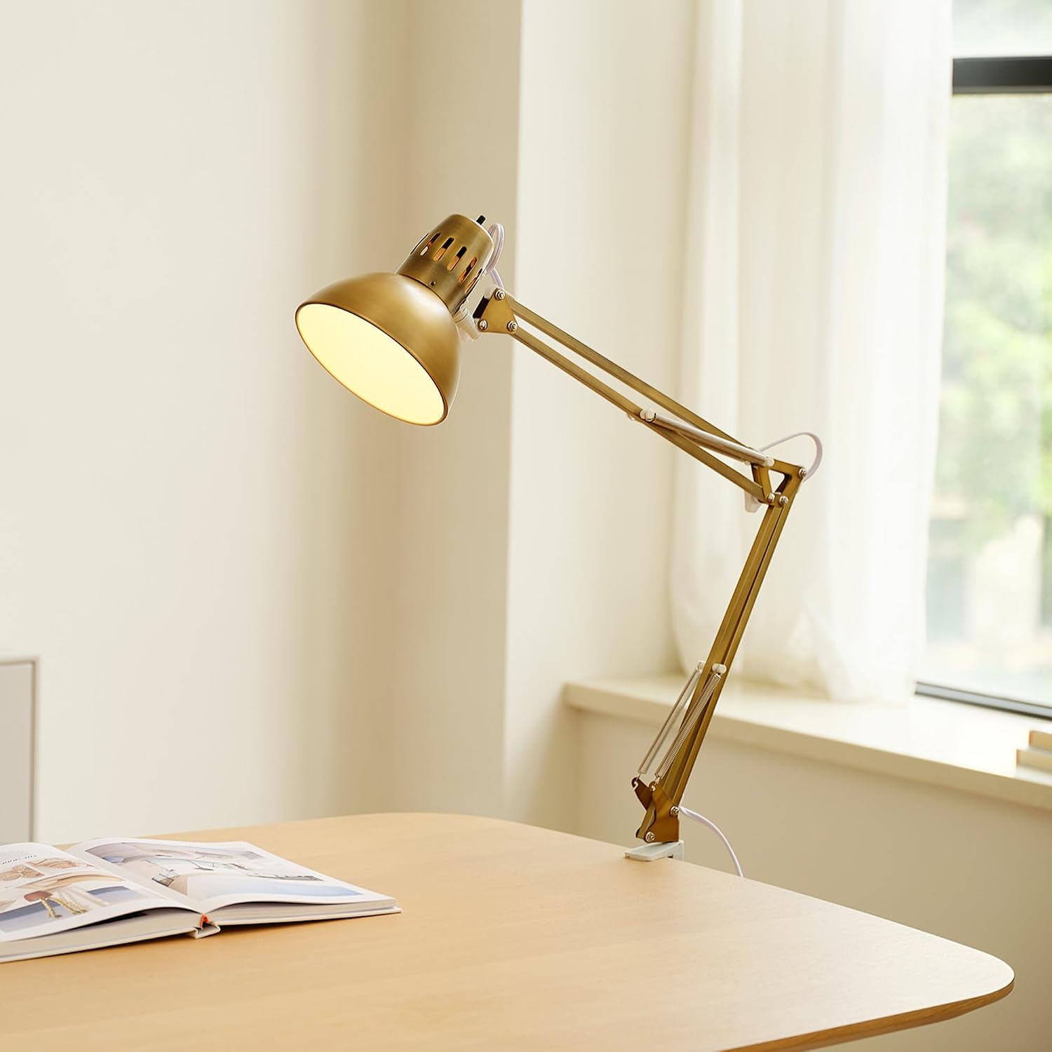 Globe Electric 62000010 32" Multi-Joint Desk Lamp with Metal Clamp, Matte Brass, White Accents, On/Off Rotary Switch on