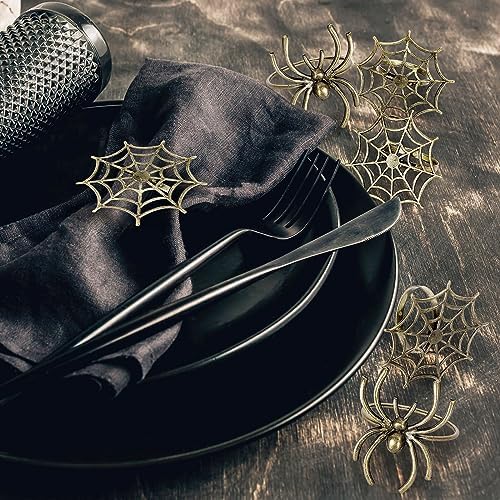 Whaline 6 Pcs Halloween Napkin Ring Holders Halloween Spider Napkin Rings Metal Spider Web Napkin Buckle Dinner Table Rings for Halloween Party Themed Gatherings Dinners Decor