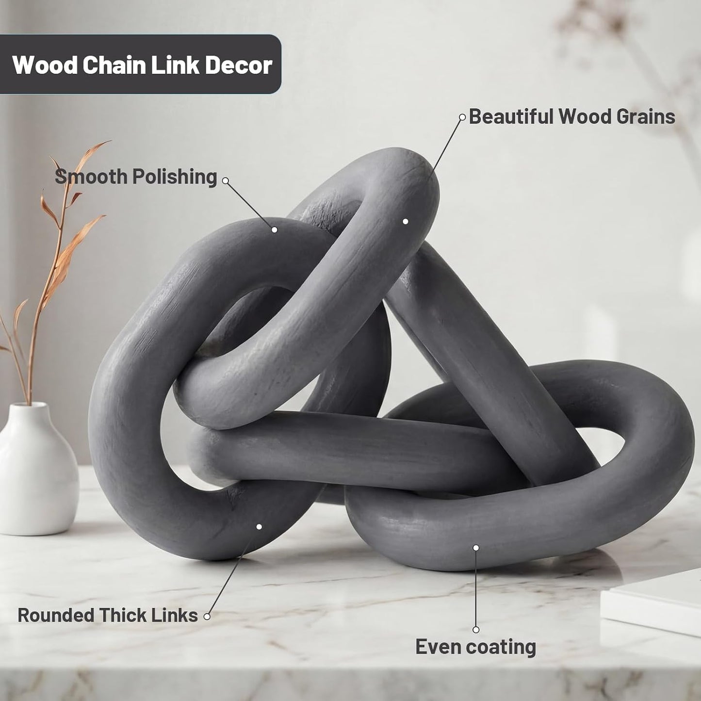 Decorative Wood Chain Link Decor Rustic 5 Link Wooden Chain Ornament Farmhouse / Gray / 13.78 Inch