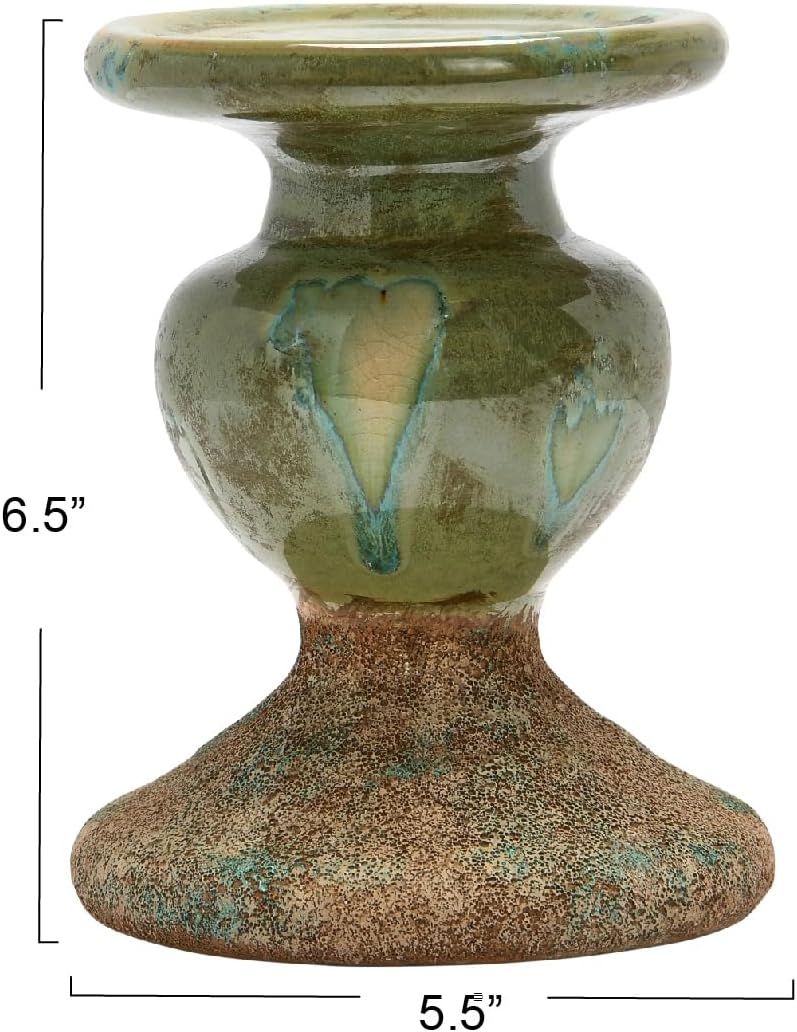2-Tone Sculptural Terracotta Pillar Candle Holder / 5.5" W x 6.5" H / Green