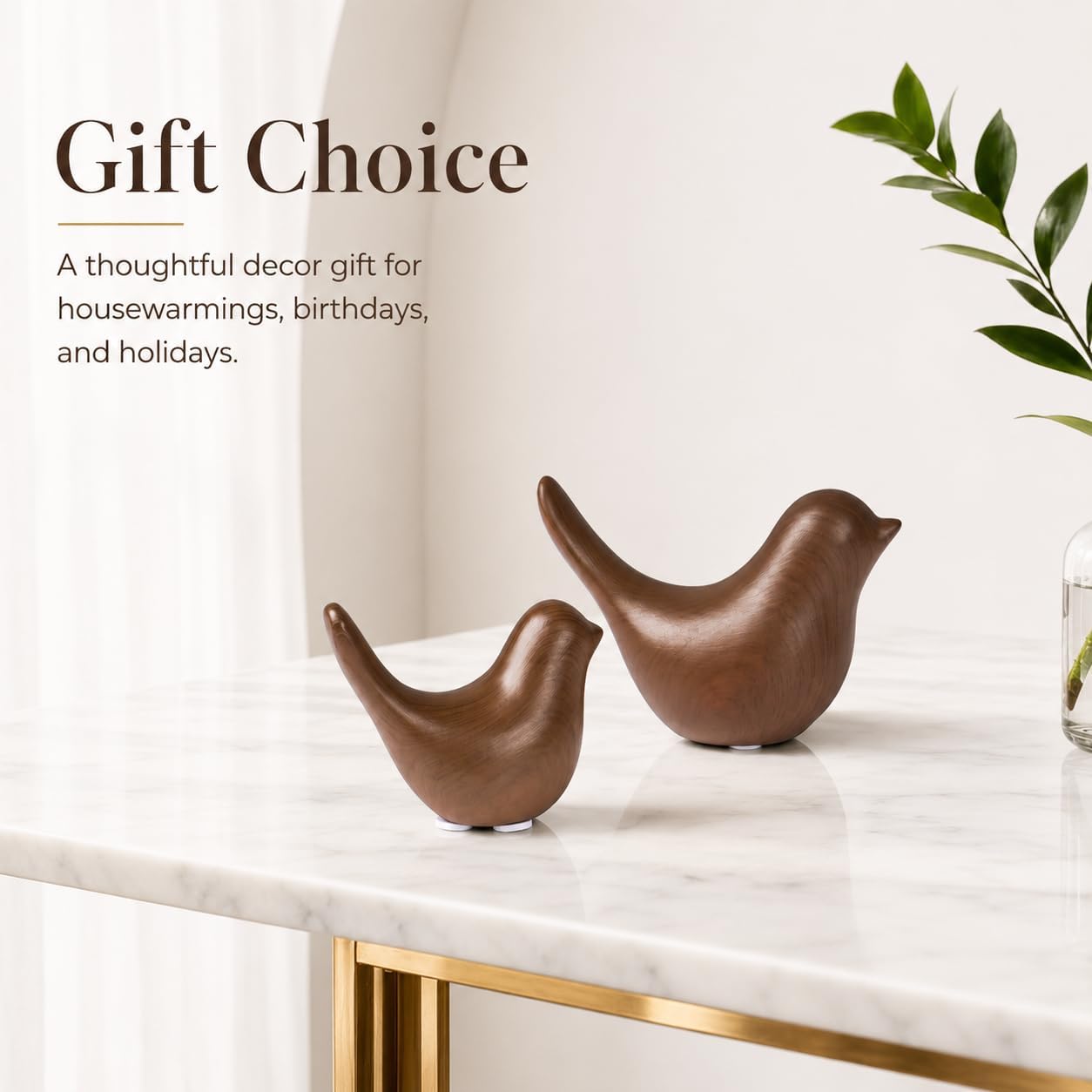Ceramic Bird Figurines / Dark Wood Grain / Set of 2