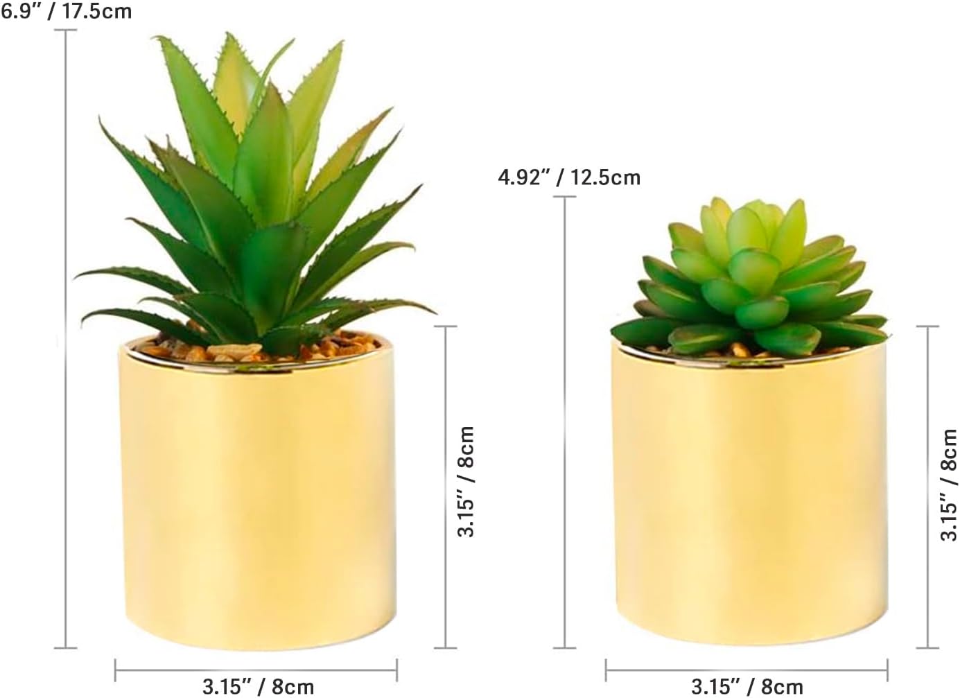 Faux Succulent Artificial Plants 7'' & 5'' in Pots Home Decoration Pots / Gold / Set of 2