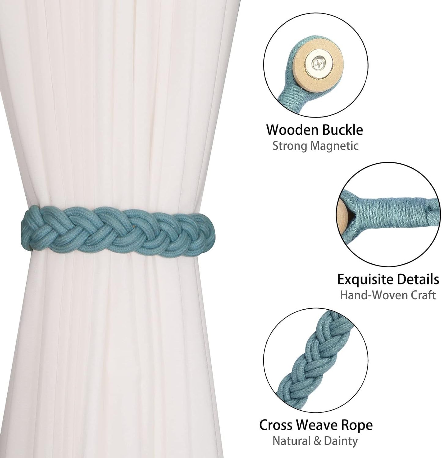 BEL AVENIR Curtain Tiebacks Magnetic 4 Pack Woven Drapery Holdback | Handmade Curtain Ties, No Drill, for Outdoor