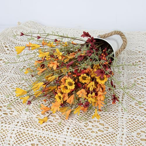 JINGHONG Artificial Fall Flowers 12 Pack Floral Picks 17" Tall Forsythia Stems with Berries for Autumn Flower Arrangements Centerpieces Indoor Outdoor Decorations