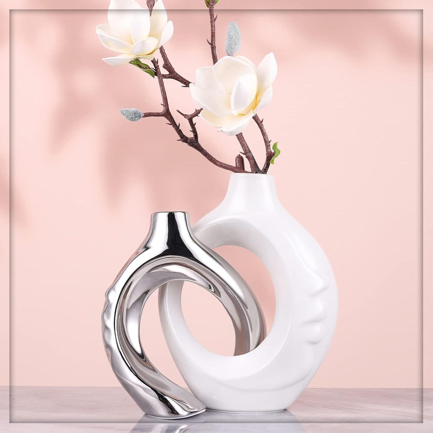 White Ceramic Vase / White Silver / Set of 2