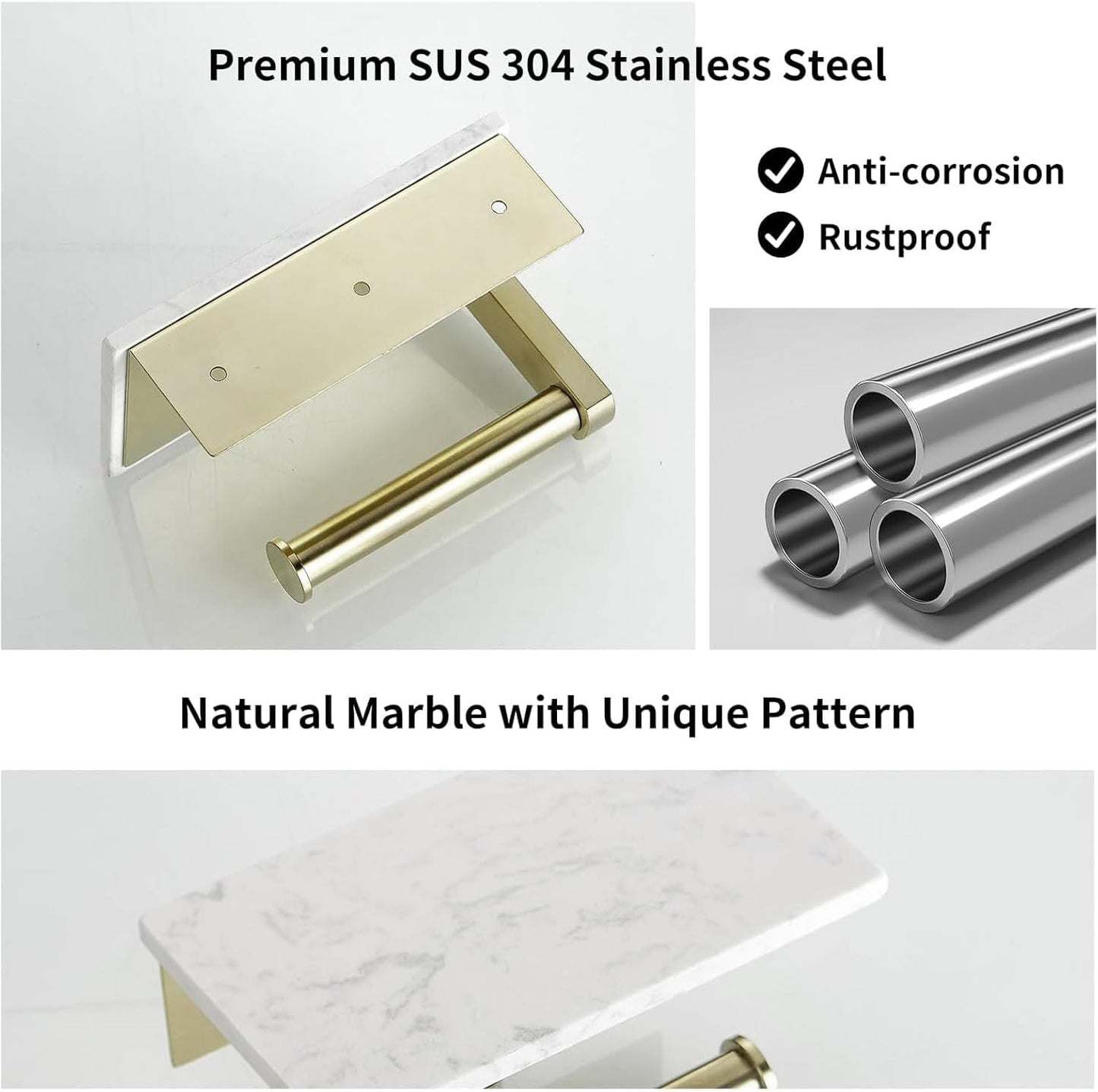 BWE Brushed Gold Toilet Paper Holder with Marble Shelf Wall Mounted | Toilet Paper Roll Holder with Phone Shelf 304