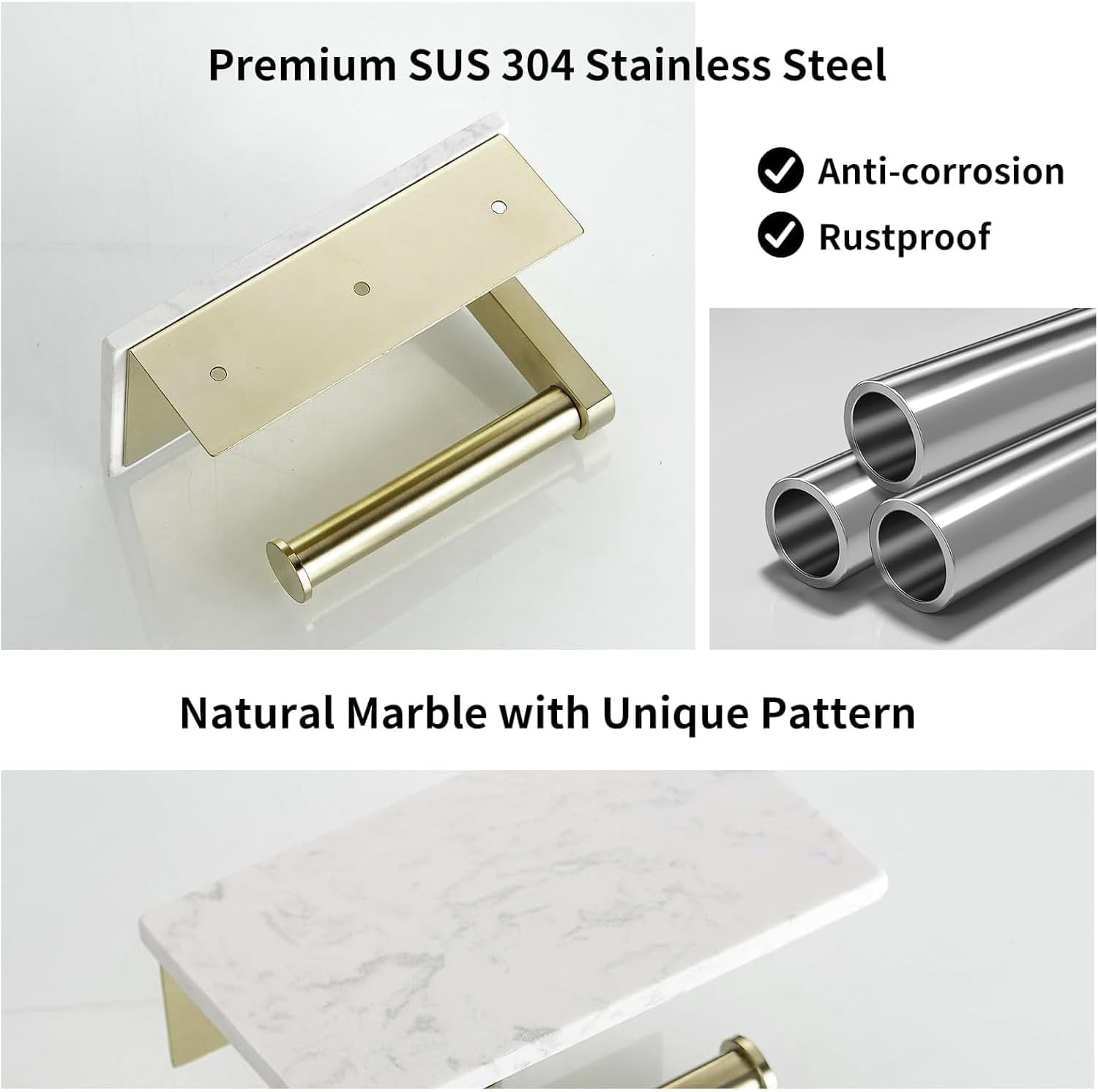 BWE Brushed Gold Toilet Paper Holder with Marble Shelf Wall Mounted | Toilet Paper Roll Holder with Phone Shelf 304