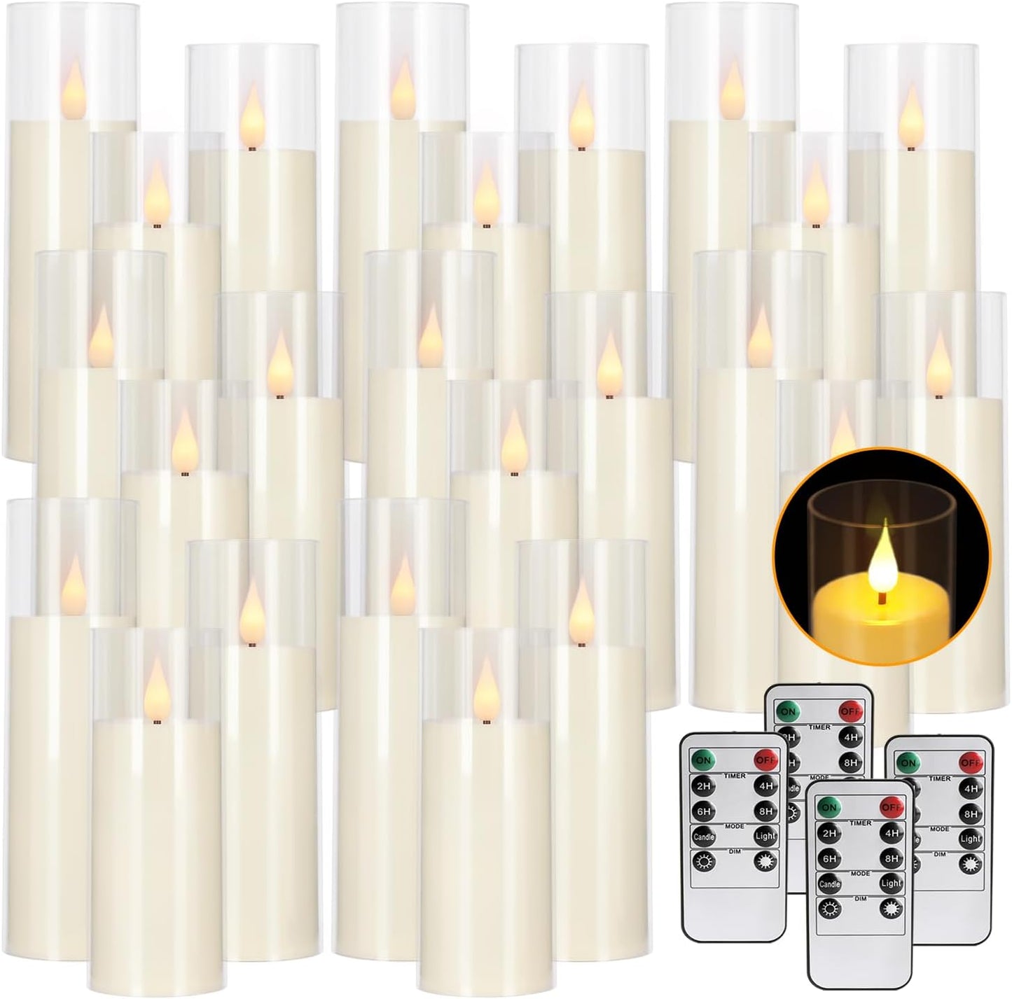 24-Pack LED Flameless Candles(14/16/18cm) with 4 Timers Remote - 3D Flickering Flame, Clear, Perfect Decor for Home &