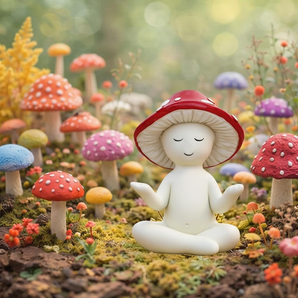 Meditation Mushroom Statue Yoga Mushroom Figurine Tabletop Decor / Red