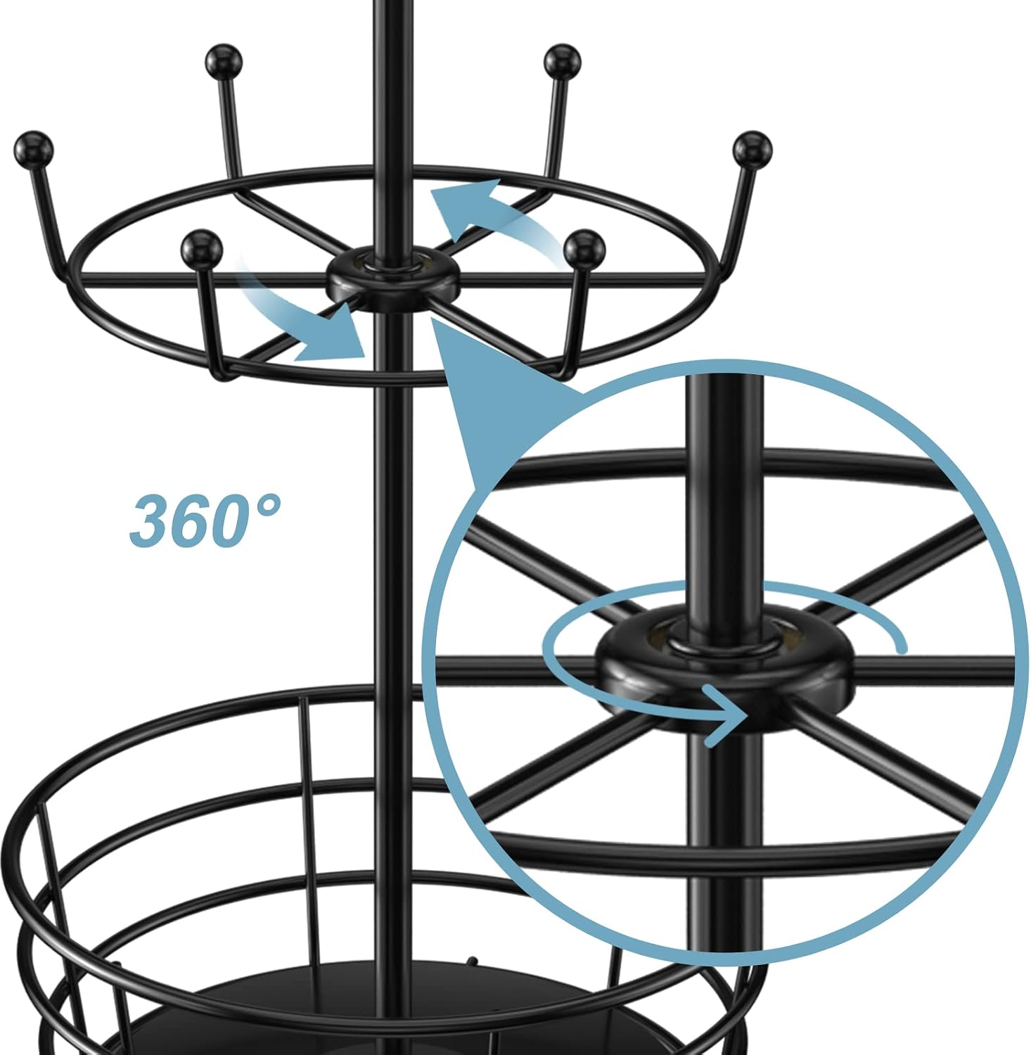 360° Rotating Coffee Mug Holder Tree | 3-Tier Metal Cup Rack with 10 Hooks, Coffee Bar Organizer Decor for Kitchen