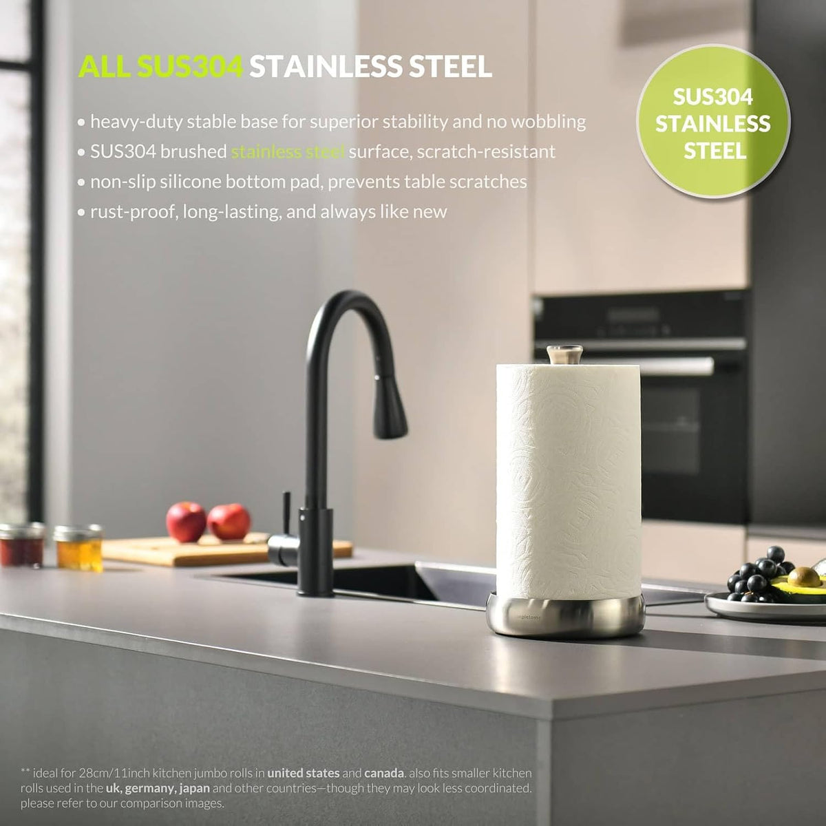Paper Towel Holder Stand Keep Rolled Up (SUS304 Brushed Stainless Steel) | paper won’t unravel | weighted base