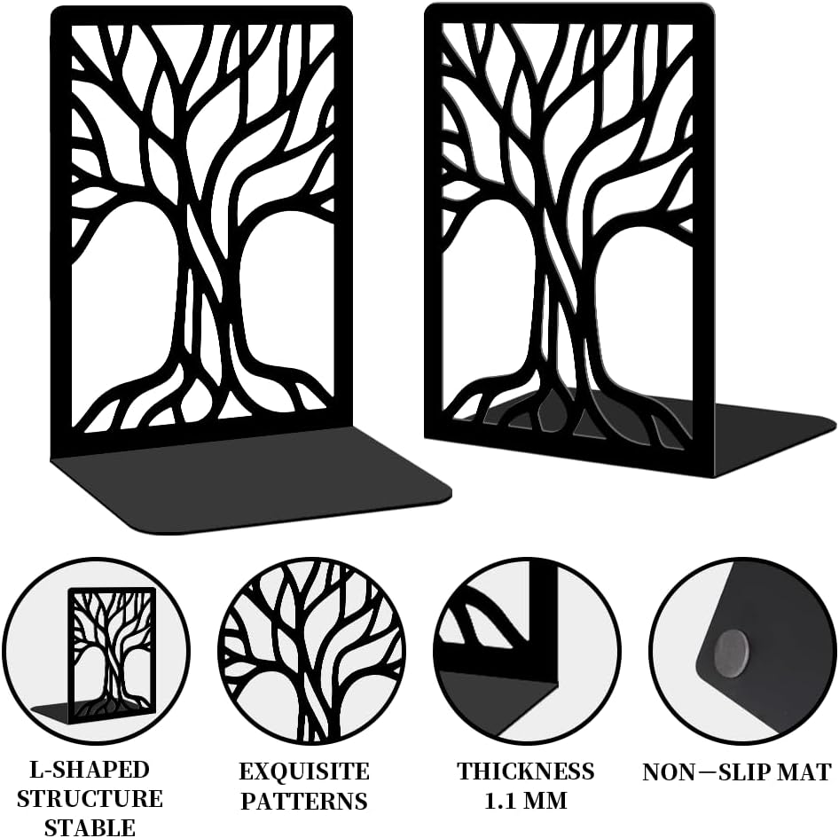 Sturdy Metal Bookends / Abstract Tree / Black / Set of 2