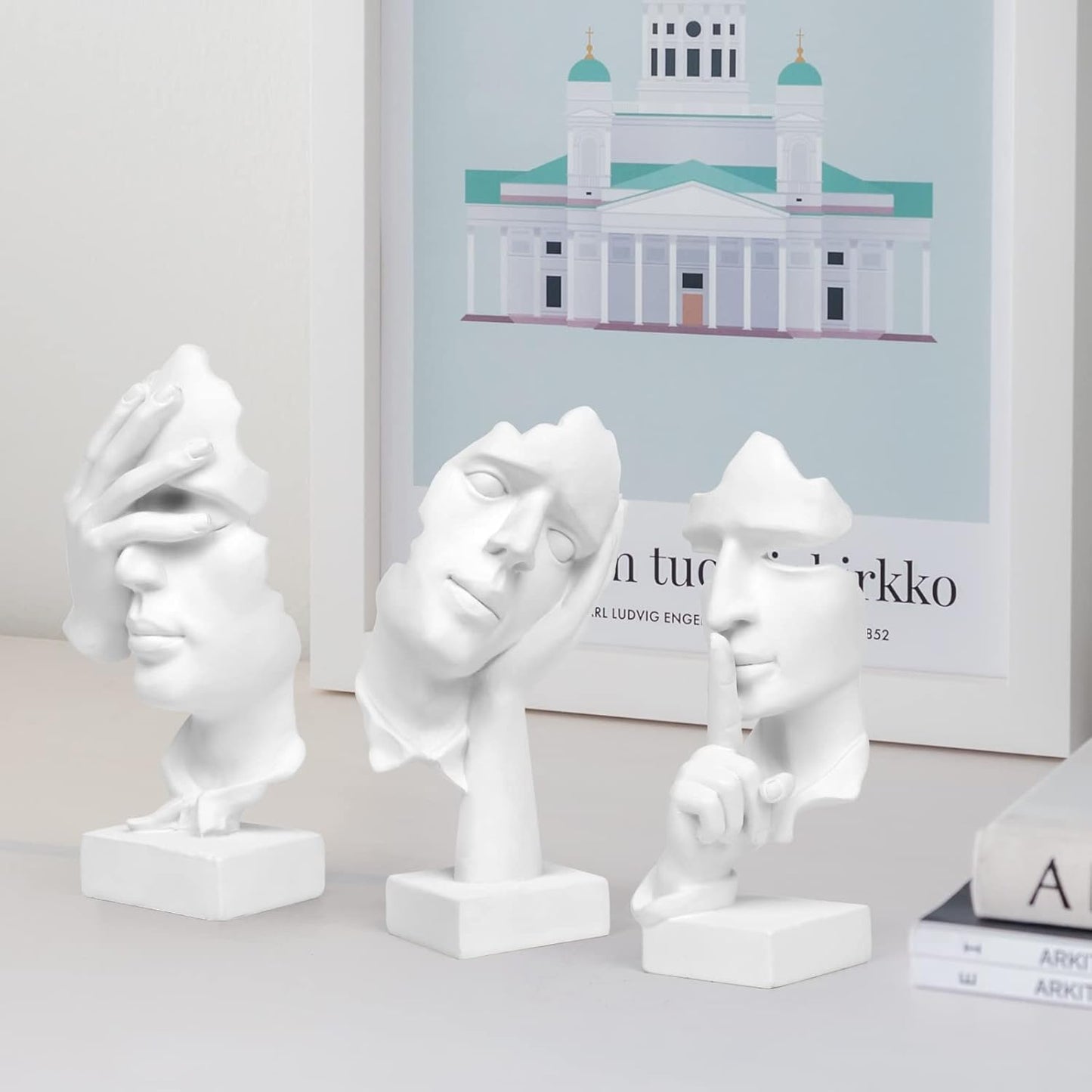 Thinker Statue / Silence is Gold Abstract Art Figurine / White / Set of 3
