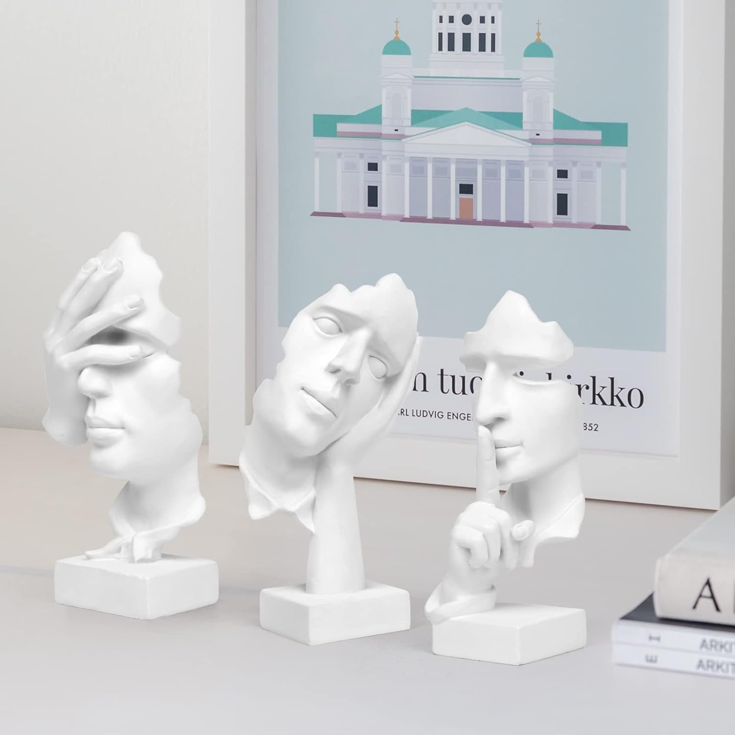 Thinker Statue / Silence is Gold Abstract Art Figurine / White / Set of 3