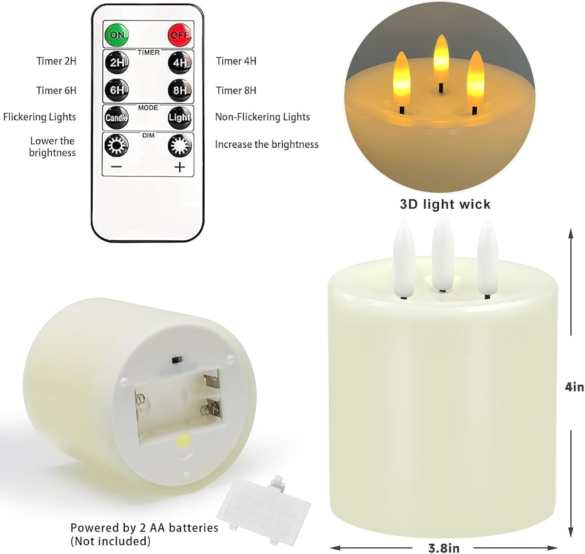3 Wick Flameless Candles Set of 2, 4"x4" Flickering Large Flameless Candles with Remote & Timer, Dimmable Real Wax
