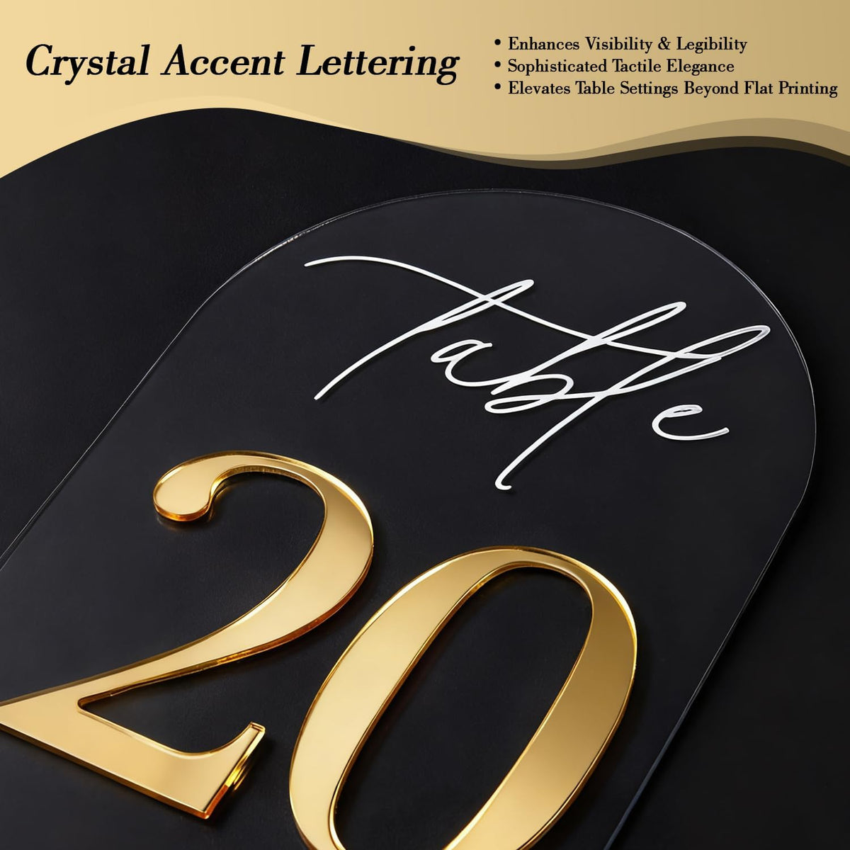 Crystal Clear Acrylic Wedding Table Numbers 1-20 Set, Self-Standing Modern Arched Signs for Reception Seating