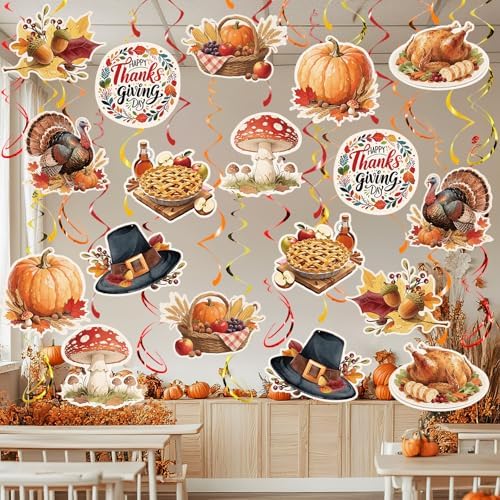 Thanksgiving Hanging Swirls, 48Pcs Thanksgiving Ceiling Hanging Decorations Turkey Pumpkin Swirls Streamers for Indoor Outdoor Party Supplies