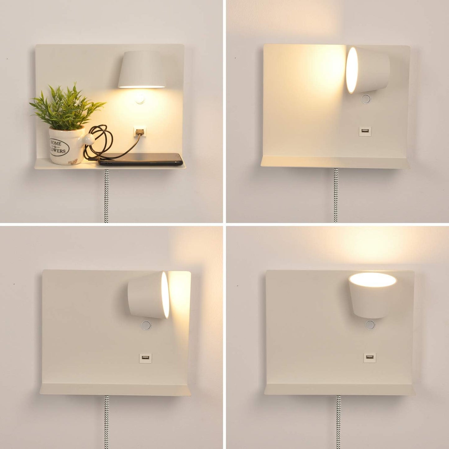 Wall Sconce with USB Port Charging, LED Wall Lamp with Shelf Plug in Cord Reading Lights for Bedside Adjustable
