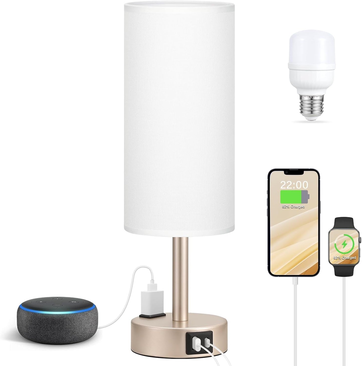 Antique White Bedside Table Lamp, Dimmable Touch Lamp, USB A+C, AC Outlet