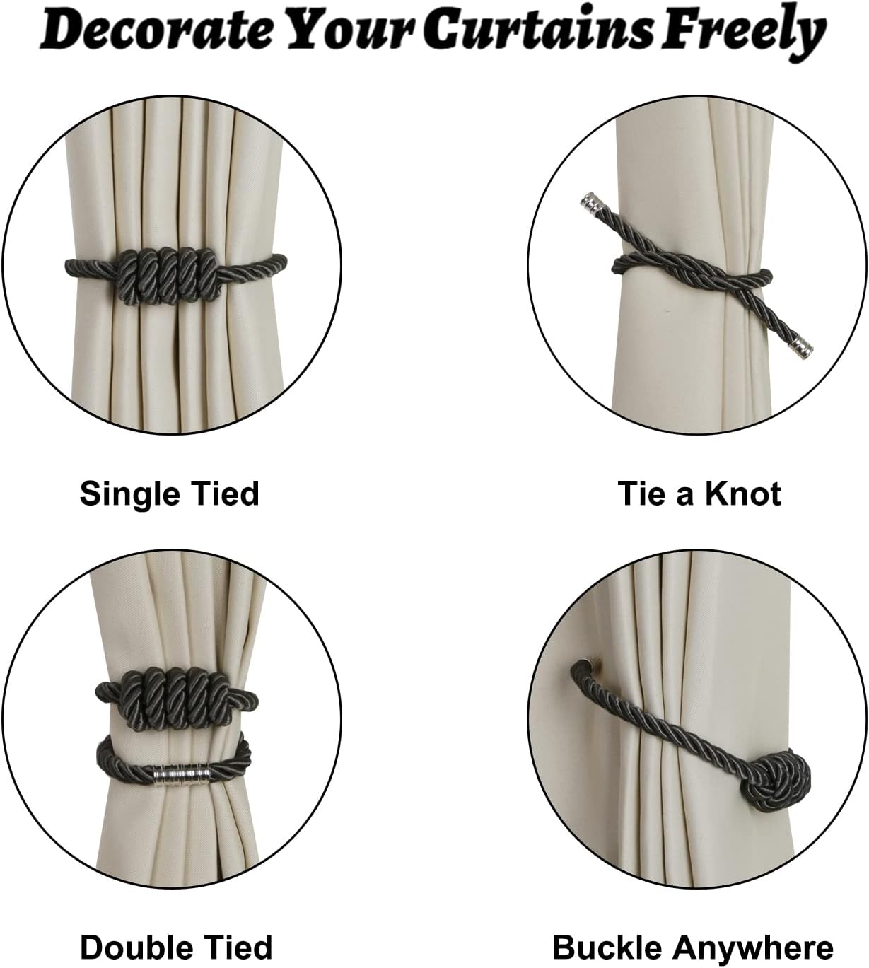 BEL AVENIR Magnetic Curtain Tiebacks 6 Pack Hand-Woven Curtain Ties | Charcoal Decorative Curtain Holdbacks Bohemian