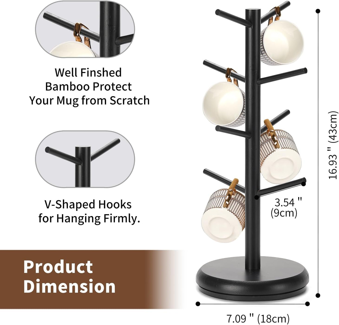 BAMBANG Mug Holder, 360° Rotating Mug Tree Holds 8 Coffee Cups, Space Saving Mug Rack with Stable Base for Kitchen