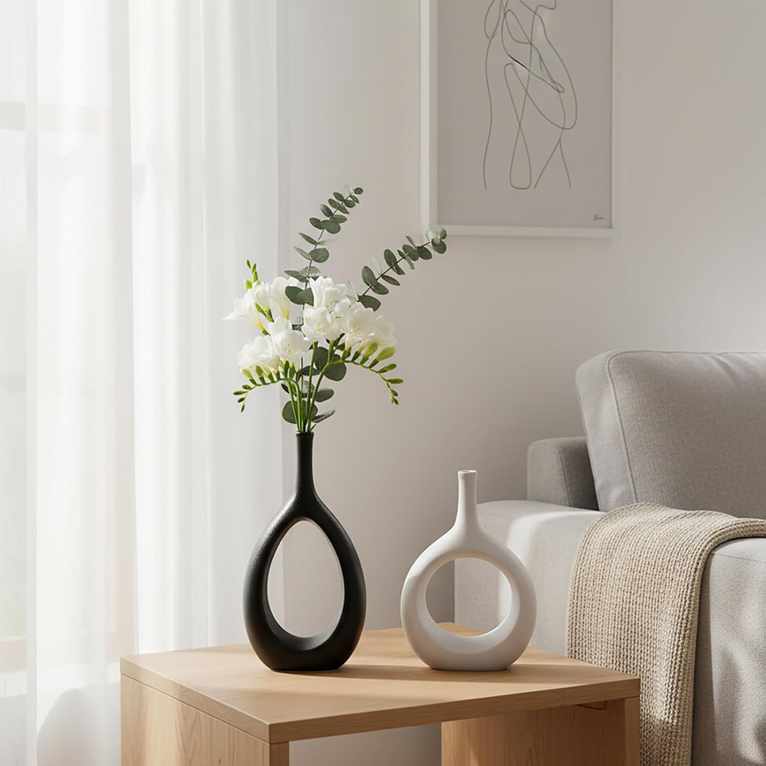 Ceramic Vase / Modern Minimalist Boho Hollow Flower Vases / White&black / Set of 2