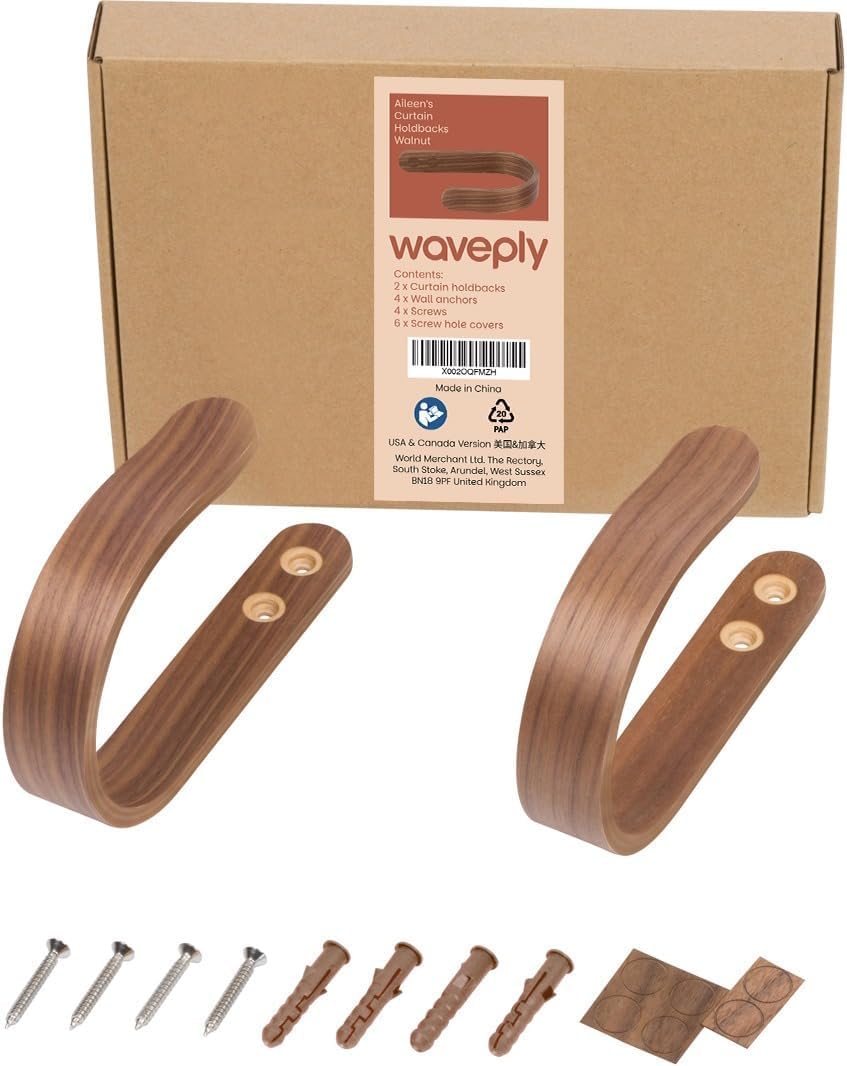 2 x Waveply Wood Curtain Holdbacks Plywood Drapery U Shaped Hook Tiebacks for Wall (Walnut)