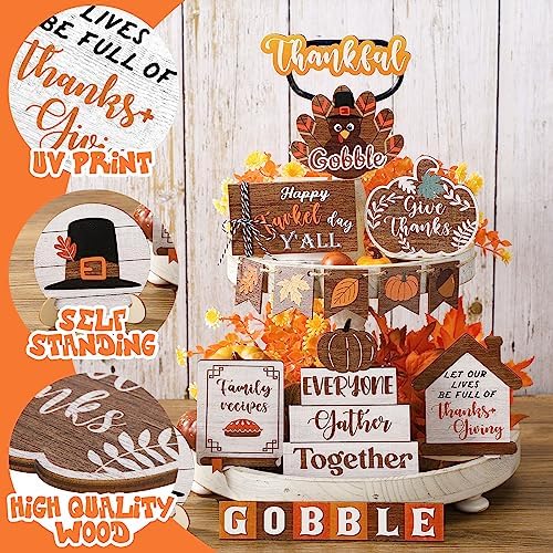14 Pcs Fall Tiered Tray Decor Set, Thanksgiving Wooden Table Sign