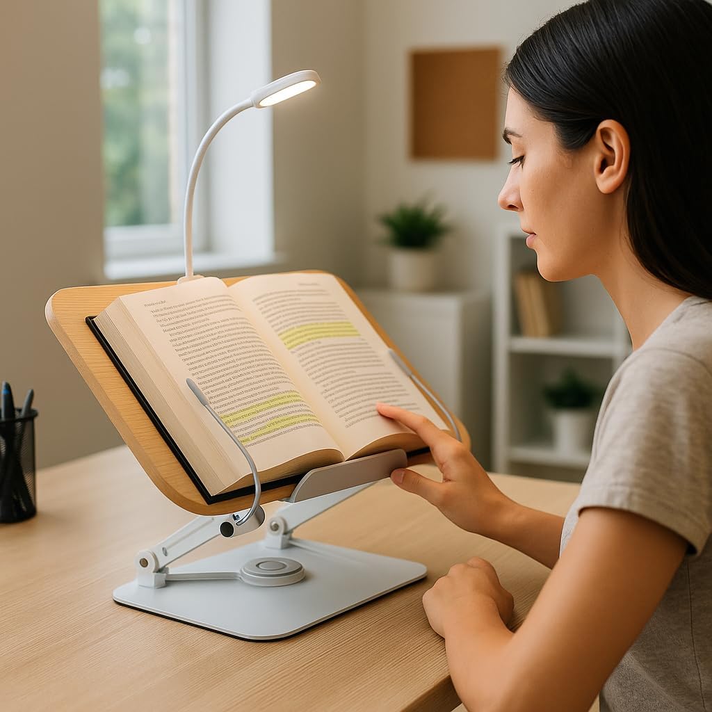Cook Book Stand Adjustable Book Holder Tray and Page Paper Clips-Cookbook Reading Desk Portable Stable Hard-Wearing