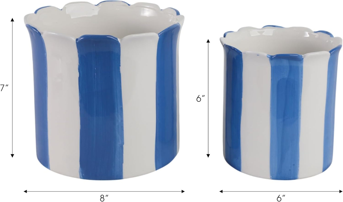 Flower Pots / Decorative Striped Scallop Edge Planters Accent / 7 Inches / Blue