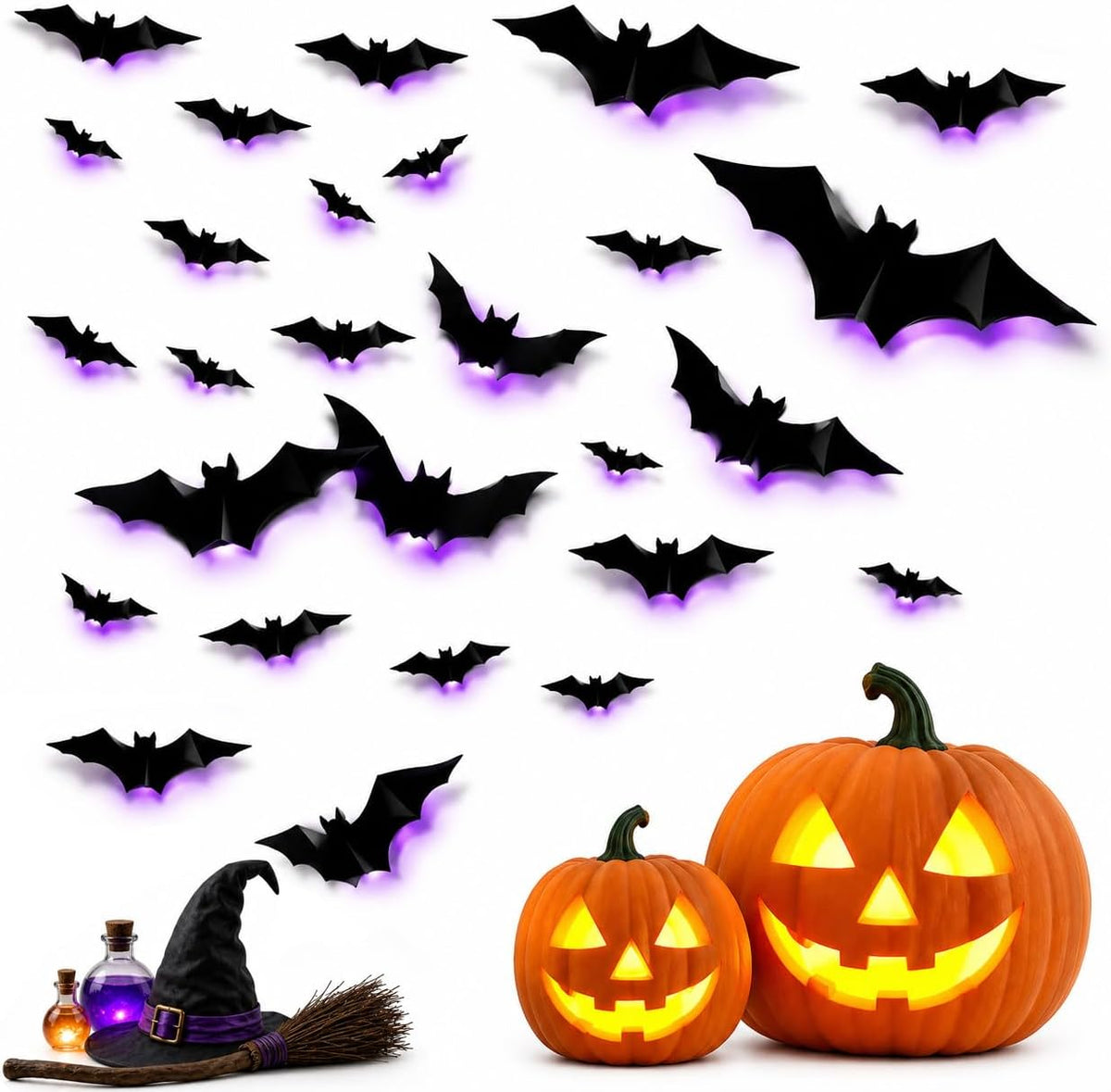 2Pack Lighted Halloween Tabletop Trees with Timer, Pumpkin Bat Decor