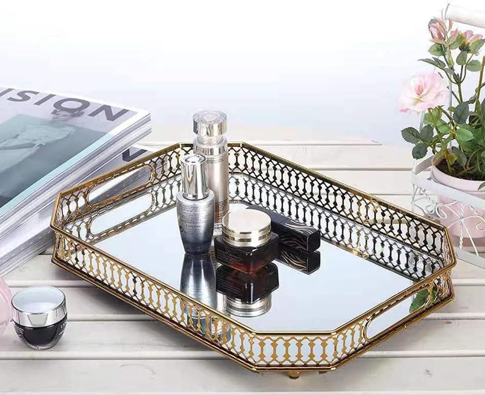 Vintage Gold Mirrored Vanity Tray / Dark Gold